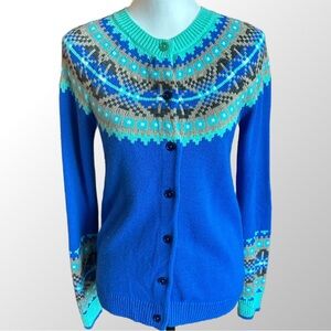 Talbots Royal Blue‎ Green Tan Wool Blend Fair Isle Nordic Cardigan Sweater in XS